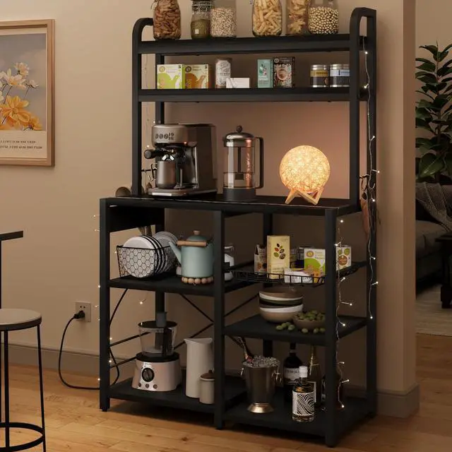 Alt view image 4 of 7 - Bakers Rack with Power Outlet, Coffee Bar with Wire Drawer, Microwave Stand, Kitchen Baker Table with Large Storage, 6-Tier Kitchen Storage Rack with Hutch for Dining Living Room, Rustic Black