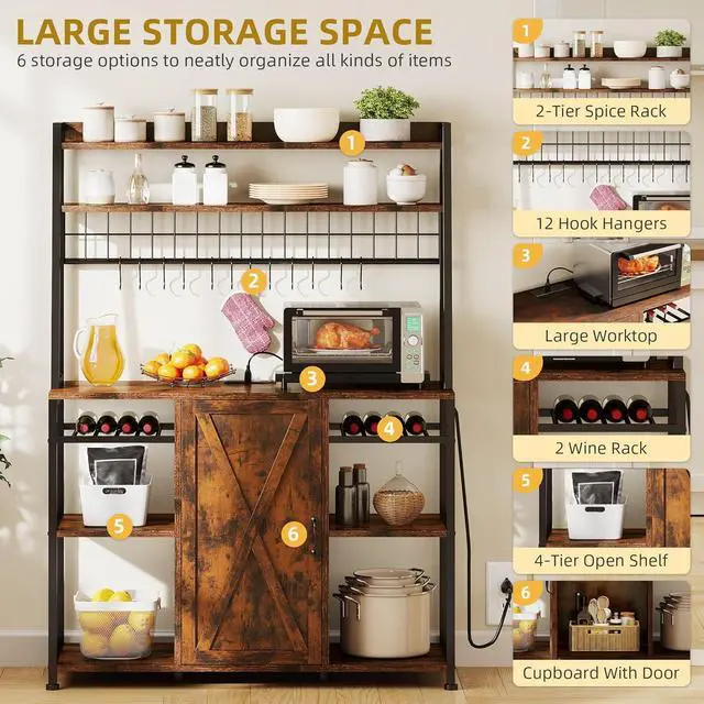 Alt view image 4 of 7 - DWVO Bakers Rack Microwave Stand Cabinet with Large Storage Drawer and Power Outlet, 47 Inches Farmhouse Kitchen Tall Thickened Coffee Bar Table with Wine Shelf Rustic Brown