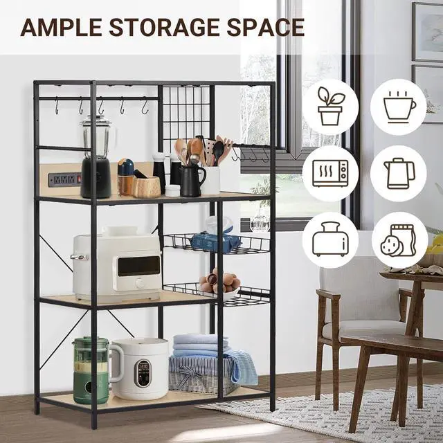 Alt view image 5 of 6 - Bakers Rack with Power Outlet, Microwave Stand with Storage, Coffee Bar Organizer Cabinet with Wire Basket, Kitchen Shelf for Spices, 10 Hooks, Industrial, White Maple