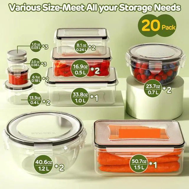 Alt view image 2 of 7 - 40 PCS Food Storage Containers with Lids Airtight (20 Lids &20 Containers) - Leakproof Meal-Prep Containers for Kitchen Storage Reusable Plastic Microwave/Dishwasher Safe with Labels & Pen