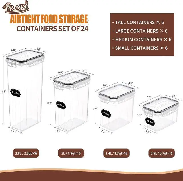 Alt view image 2 of 7 - PRAKI Airtight Food Storage Containers Set with Lids - 24 PCS, BPA Free Kitchen and Pantry Organization, Plastic Leak-proof Canisters for Cereal Flour & Sugar - Labels & Marker