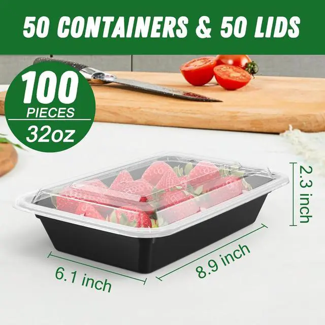 Alt view image 2 of 7 - 50 Pack (100-Piece) 32 oz Meal Prep Containers Reusable with Easy Open Lids, Sturdy Leakproof Food Safe, Microwave Freezer Dishwasher Safe, To Go Take Out Plastic Food Storage Pans with Lids, Black