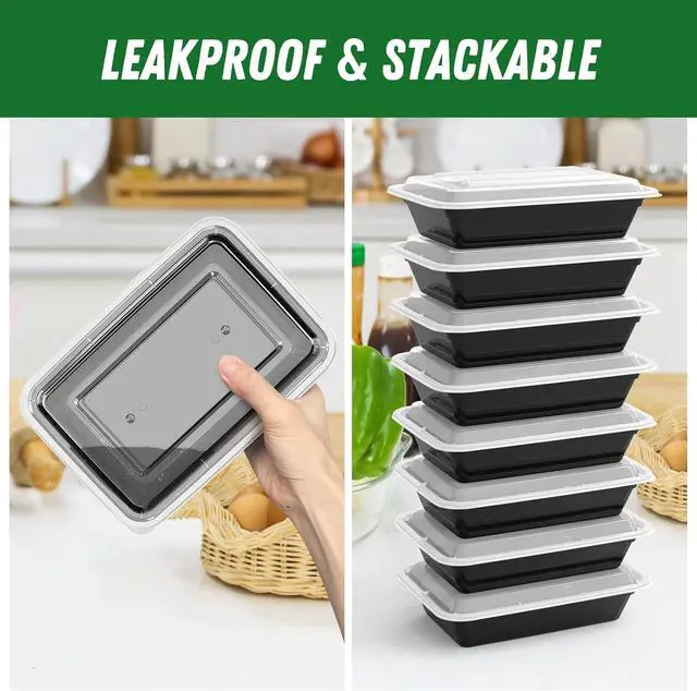Alt view image 4 of 7 - 50 Pack (100-Piece) 32 oz Meal Prep Containers Reusable with Easy Open Lids, Sturdy Leakproof Food Safe, Microwave Freezer Dishwasher Safe, To Go Take Out Plastic Food Storage Pans with Lids, Black