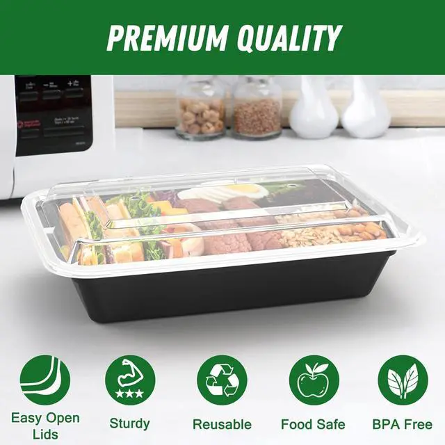 Alt view image 3 of 7 - 50 Pack (100-Piece) 32 oz Meal Prep Containers Reusable with Easy Open Lids, Sturdy Leakproof Food Safe, Microwave Freezer Dishwasher Safe, To Go Take Out Plastic Food Storage Pans with Lids, Black