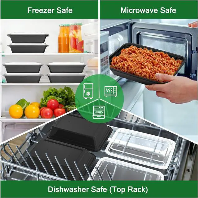 Alt view image 5 of 7 - 50 Pack (100-Piece) 32 oz Meal Prep Containers Reusable with Easy Open Lids, Sturdy Leakproof Food Safe, Microwave Freezer Dishwasher Safe, To Go Take Out Plastic Food Storage Pans with Lids, Black