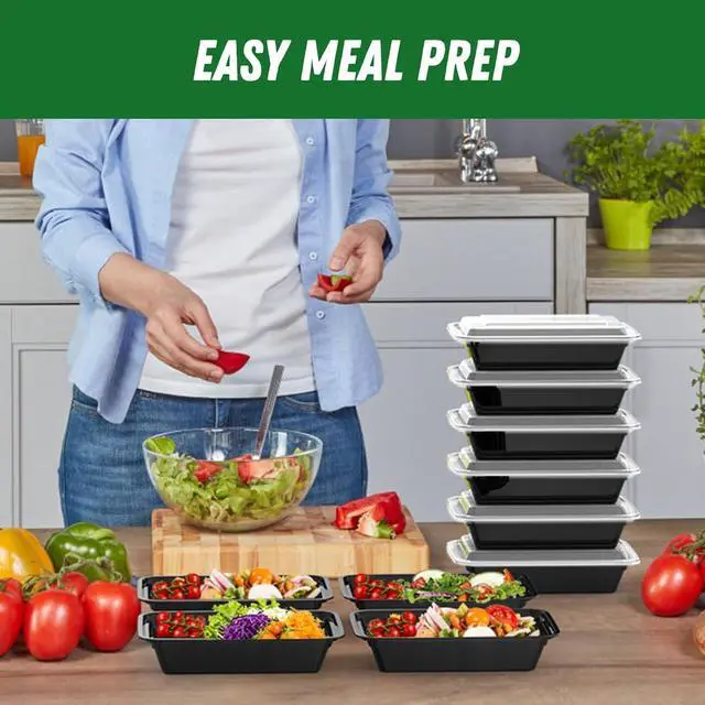Alt view image 6 of 7 - 50 Pack (100-Piece) 32 oz Meal Prep Containers Reusable with Easy Open Lids, Sturdy Leakproof Food Safe, Microwave Freezer Dishwasher Safe, To Go Take Out Plastic Food Storage Pans with Lids, Black