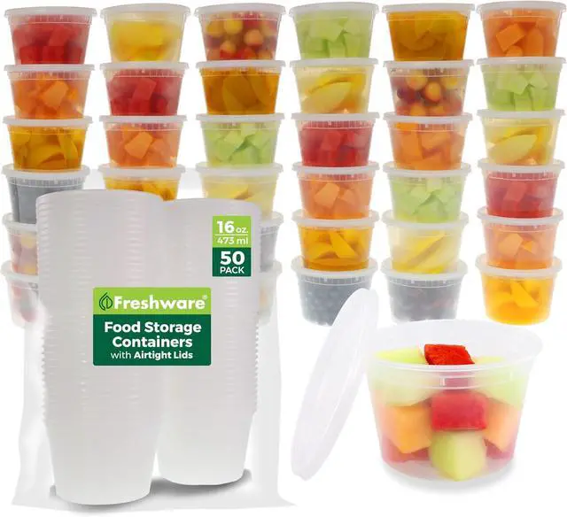 Main image of Freshware Food Storage Containers [50 Set] 16 oz Plastic Deli Containers with Lids, Slime, Soup, Meal Prep Containers | BPA Free | Stackable | Leakproof | Microwave/Dishwasher/Freezer Safe