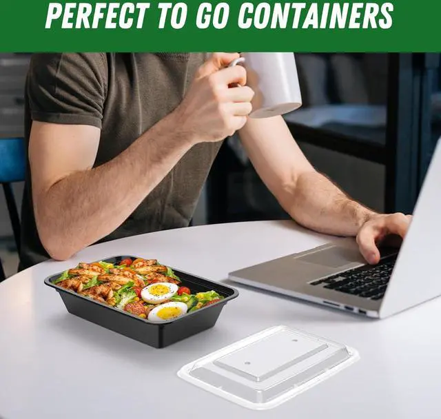 Alt view image 7 of 7 - 50 Pack (100-Piece) 32 oz Meal Prep Containers Reusable with Easy Open Lids, Sturdy Leakproof Food Safe, Microwave Freezer Dishwasher Safe, To Go Take Out Plastic Food Storage Pans with Lids, Black