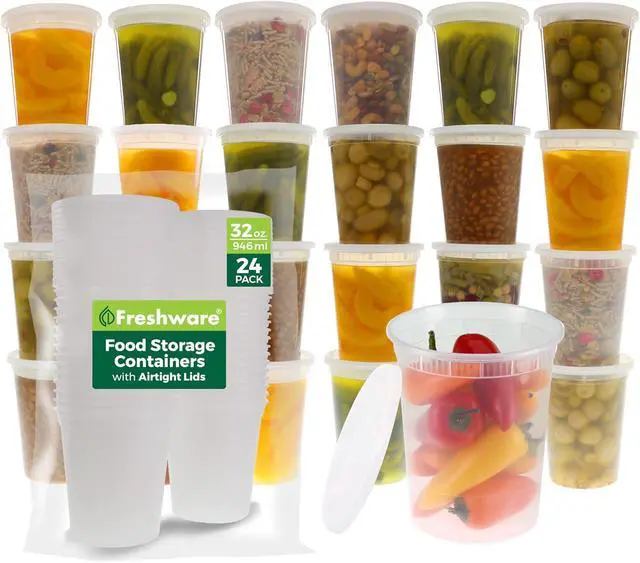 Main image of Freshware Food Storage Containers [24 Set] 32 oz Plastic Deli Containers with Lids, Slime, Soup, Meal Prep Containers | BPA Free | Stackable | Leakproof | Microwave/Dishwasher/Freezer Safe