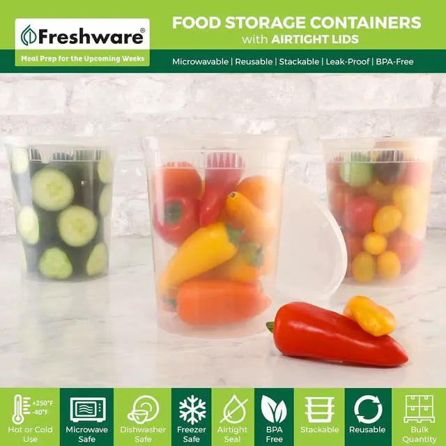 Alt view image 2 of 7 - Freshware Food Storage Containers [24 Set] 32 oz Plastic Deli Containers with Lids, Slime, Soup, Meal Prep Containers | BPA Free | Stackable | Leakproof | Microwave/Dishwasher/Freezer Safe