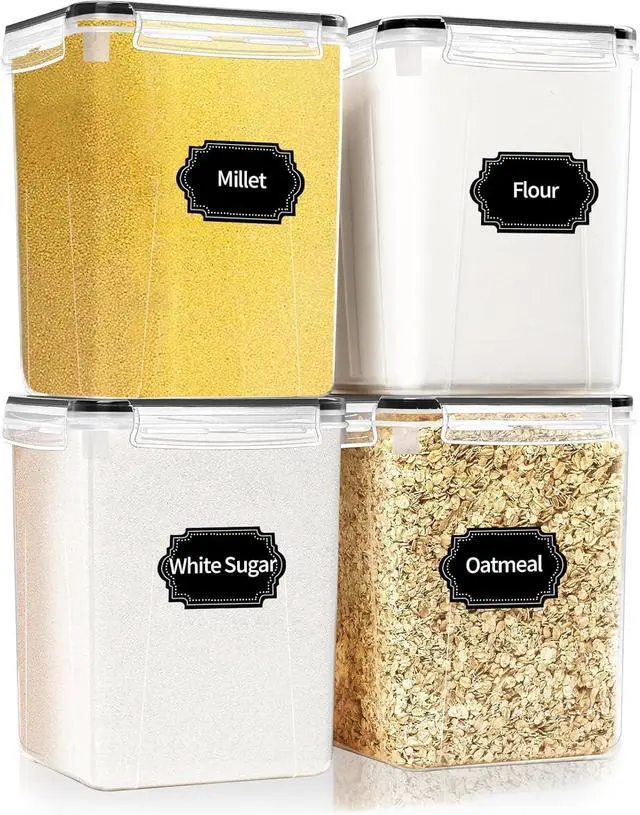 Main image of 4 Pack Large Airtight Food Storage Containers with Lids (5.2L / 176oz), BPA Free Plastic Kitchen and Pantry Organization Contianers for Cereal Flour and Sugar Storage, Labels & Marker