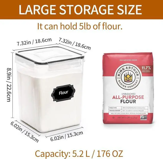 Alt view image 2 of 7 - 4 Pack Large Airtight Food Storage Containers with Lids (5.2L / 176oz), BPA Free Plastic Kitchen and Pantry Organization Contianers for Cereal Flour and Sugar Storage, Labels & Marker