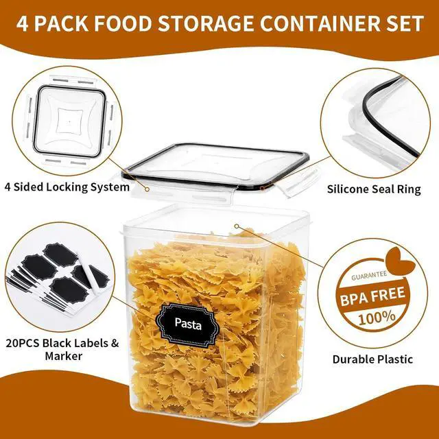 Alt view image 3 of 7 - 4 Pack Large Airtight Food Storage Containers with Lids (5.2L / 176oz), BPA Free Plastic Kitchen and Pantry Organization Contianers for Cereal Flour and Sugar Storage, Labels & Marker