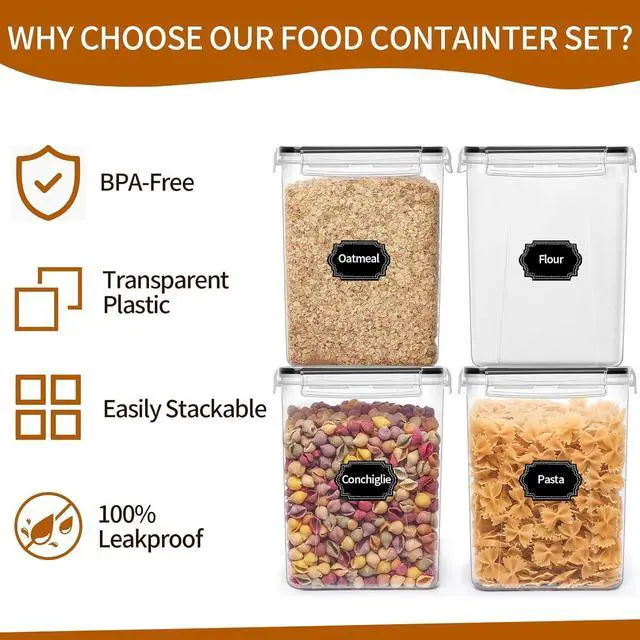 Alt view image 5 of 7 - 4 Pack Large Airtight Food Storage Containers with Lids (5.2L / 176oz), BPA Free Plastic Kitchen and Pantry Organization Contianers for Cereal Flour and Sugar Storage, Labels & Marker