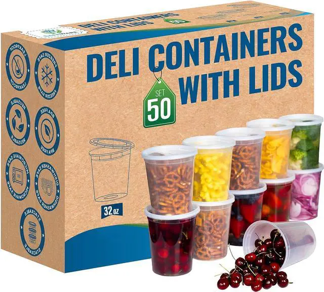 Main image of Deli Plastic Food Containers with Airtight Lids [50 Sets], Leakproof Slime Small Combo Pack [Reusable, Storage, Disposable, Meal Prep, Soup, Microwaveable & Freezer Safe] (32oz)