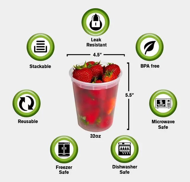 Alt view image 2 of 4 - Deli Plastic Food Containers with Airtight Lids [50 Sets], Leakproof Slime Small Combo Pack [Reusable, Storage, Disposable, Meal Prep, Soup, Microwaveable & Freezer Safe] (32oz)