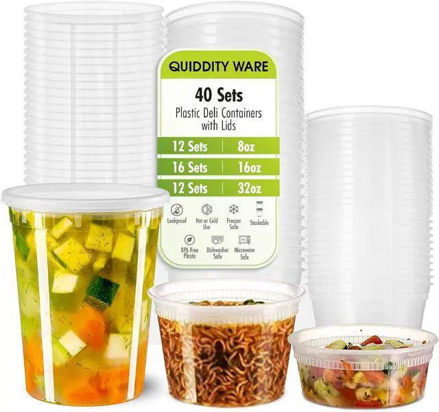 Main image of Deli Containers with Leakproof Lids-40 Sets [12sets-8oz, 16sets-16oz, 12sets-32oz] BPA-Free Plastic Microwaveable Clear Food Storage Container Premium Heavy-Duty, Freezer & Dishwasher Safe