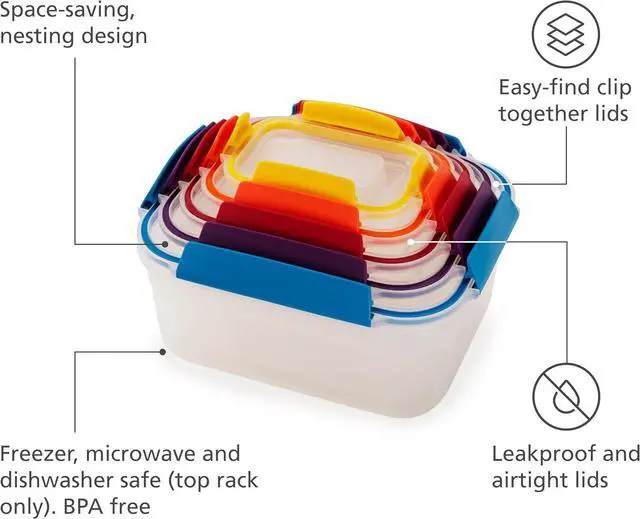 Alt view image 3 of 7 - Joseph Joseph Nest Lock Plastic BPA Free Food Storage Container Set with Lockable Airtight Leakproof Lids, 10-Piece, Multi-Color