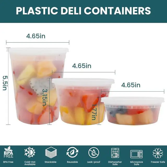 Alt view image 5 of 6 - Deli Containers With Lids 48 Sets - Disposable Soup Container 8oz, 16oz, 32oz - Plastic Food Storage, Leakproof, BPA Free, Microwave/Freezer/Dishwasher Safe