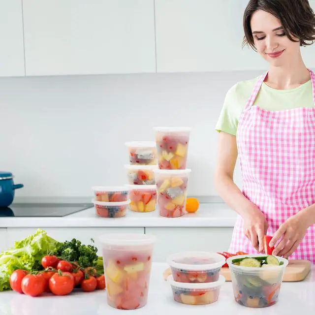 Alt view image 6 of 6 - Deli Containers With Lids 48 Sets - Disposable Soup Container 8oz, 16oz, 32oz - Plastic Food Storage, Leakproof, BPA Free, Microwave/Freezer/Dishwasher Safe