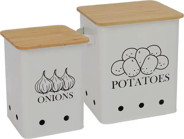 Main image of Kitchen Vegetable Storage Tins Set of 2 for Potatoes, Onion, with wooden lid Garlic Bin Caddy, Long Shelf Life-white