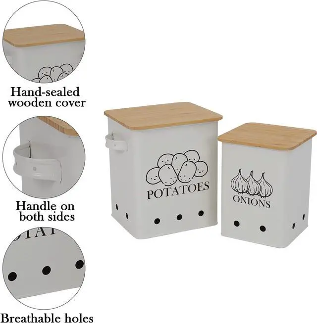 Alt view image 2 of 7 - Kitchen Vegetable Storage Tins Set of 2 for Potatoes, Onion, with wooden lid Garlic Bin Caddy, Long Shelf Life-white