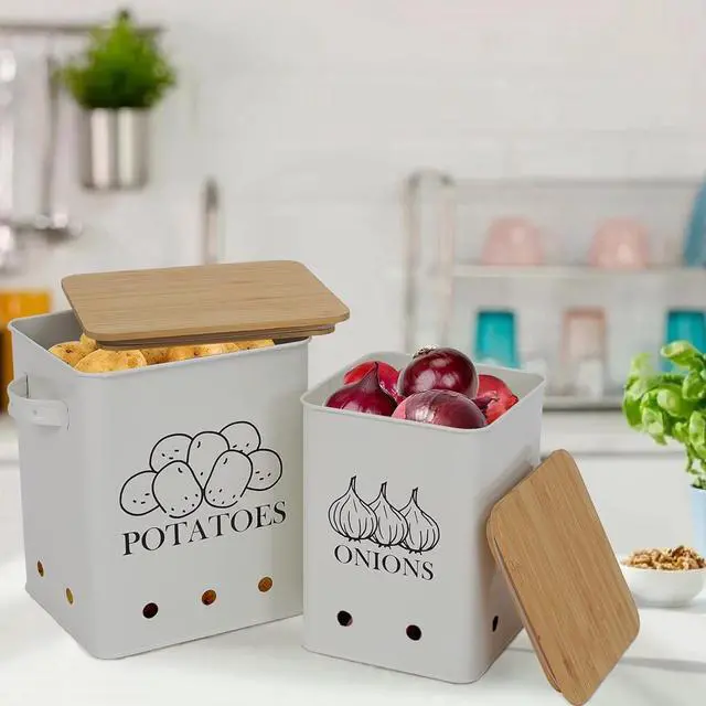 Alt view image 3 of 7 - Kitchen Vegetable Storage Tins Set of 2 for Potatoes, Onion, with wooden lid Garlic Bin Caddy, Long Shelf Life-white