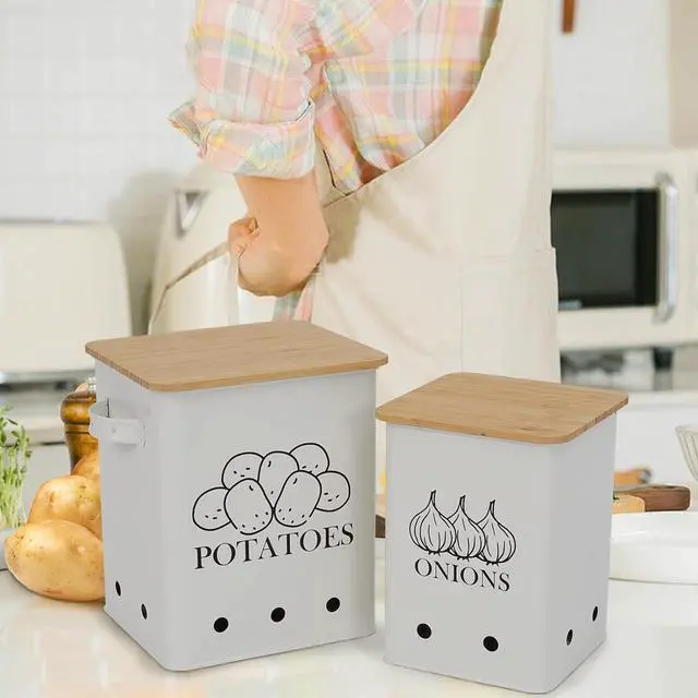 Alt view image 4 of 7 - Kitchen Vegetable Storage Tins Set of 2 for Potatoes, Onion, with wooden lid Garlic Bin Caddy, Long Shelf Life-white