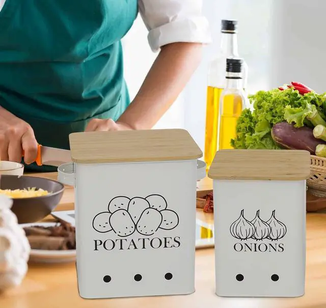 Alt view image 6 of 7 - Kitchen Vegetable Storage Tins Set of 2 for Potatoes, Onion, with wooden lid Garlic Bin Caddy, Long Shelf Life-white