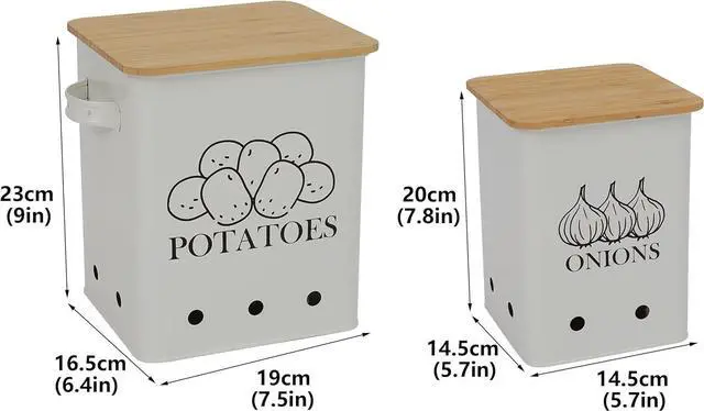 Alt view image 7 of 7 - Kitchen Vegetable Storage Tins Set of 2 for Potatoes, Onion, with wooden lid Garlic Bin Caddy, Long Shelf Life-white