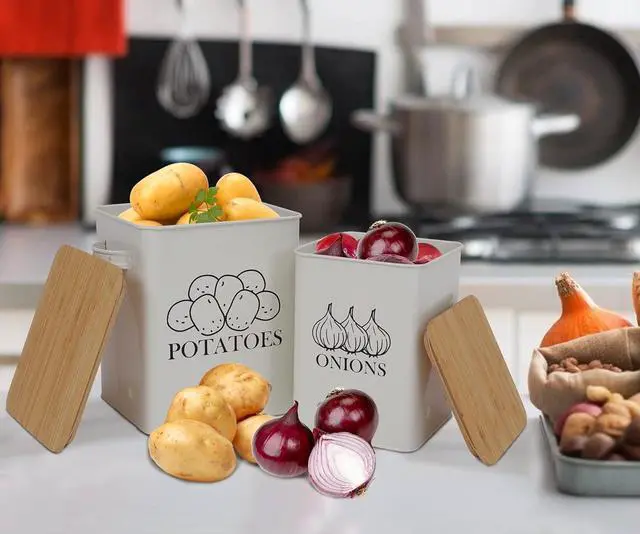 Alt view image 5 of 7 - Kitchen Vegetable Storage Tins Set of 2 for Potatoes, Onion, with wooden lid Garlic Bin Caddy, Long Shelf Life-white