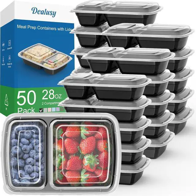 Main image of 50 Pack (100-Piece) 28 oz Meal Prep Containers Reusable with Lids 2-Compartment, Sturdy Leakproof Food Safe, Microwave Freezer Dishwasher Safe, To Go Take Out Plastic Food Storage, Black
