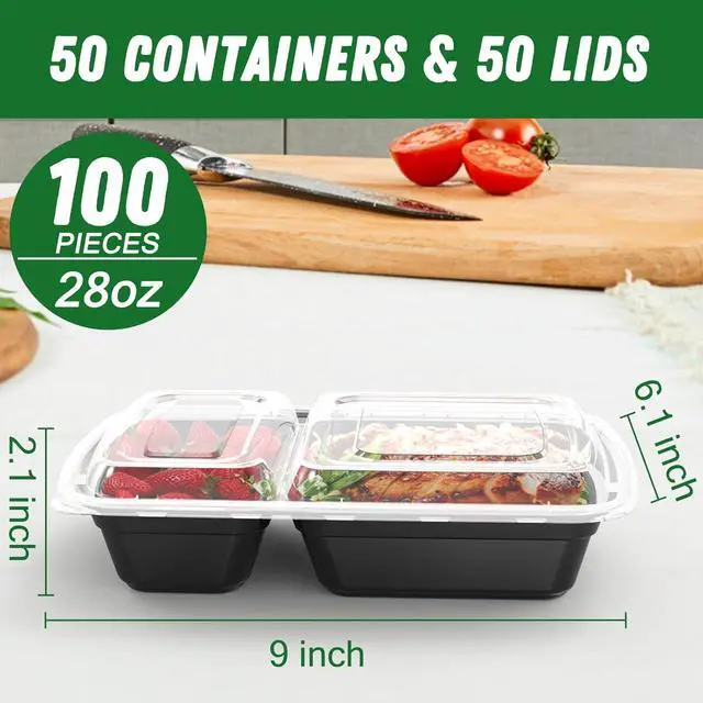 Alt view image 2 of 7 - 50 Pack (100-Piece) 28 oz Meal Prep Containers Reusable with Lids 2-Compartment, Sturdy Leakproof Food Safe, Microwave Freezer Dishwasher Safe, To Go Take Out Plastic Food Storage, Black