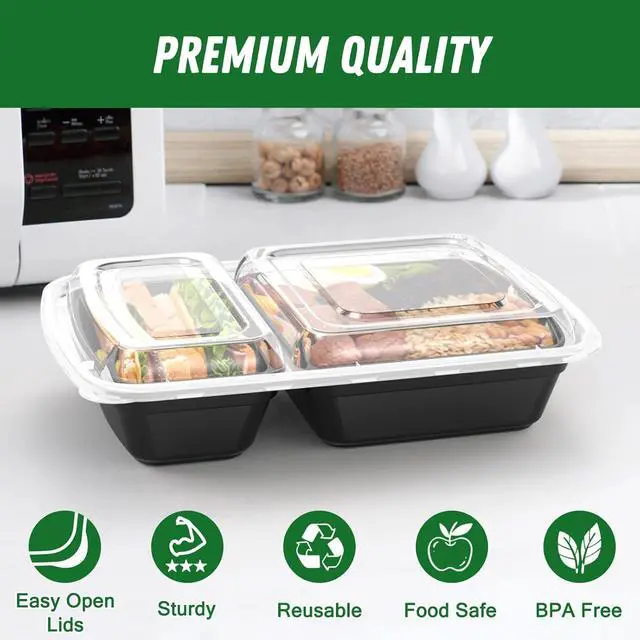 Alt view image 3 of 7 - 50 Pack (100-Piece) 28 oz Meal Prep Containers Reusable with Lids 2-Compartment, Sturdy Leakproof Food Safe, Microwave Freezer Dishwasher Safe, To Go Take Out Plastic Food Storage, Black