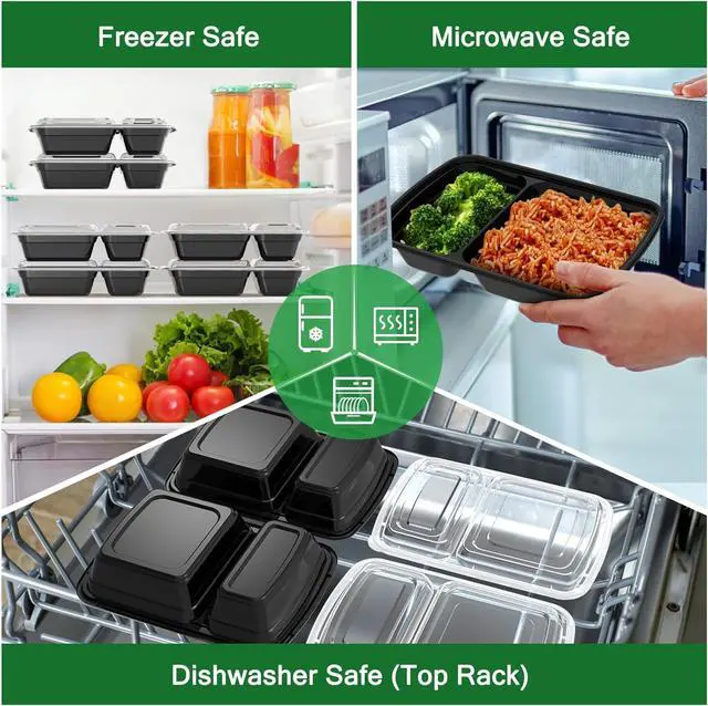 Alt view image 5 of 7 - 50 Pack (100-Piece) 28 oz Meal Prep Containers Reusable with Lids 2-Compartment, Sturdy Leakproof Food Safe, Microwave Freezer Dishwasher Safe, To Go Take Out Plastic Food Storage, Black