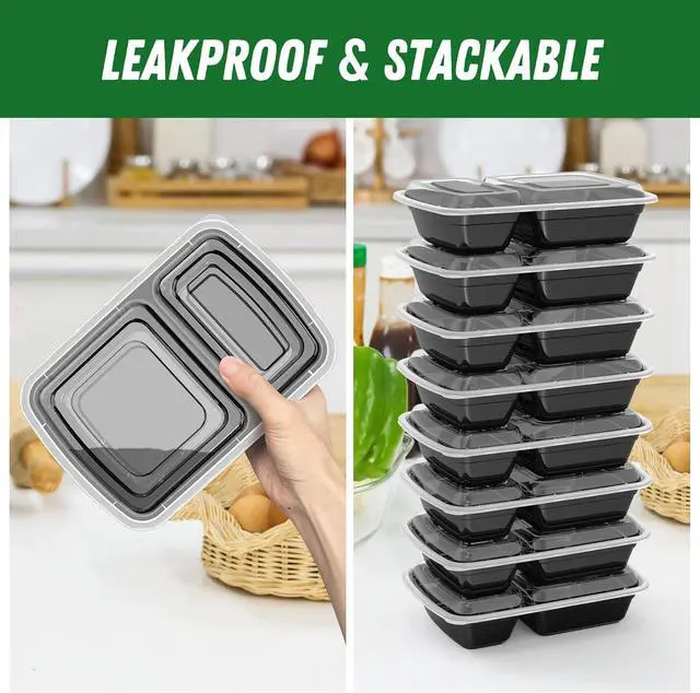 Alt view image 4 of 7 - 50 Pack (100-Piece) 28 oz Meal Prep Containers Reusable with Lids 2-Compartment, Sturdy Leakproof Food Safe, Microwave Freezer Dishwasher Safe, To Go Take Out Plastic Food Storage, Black