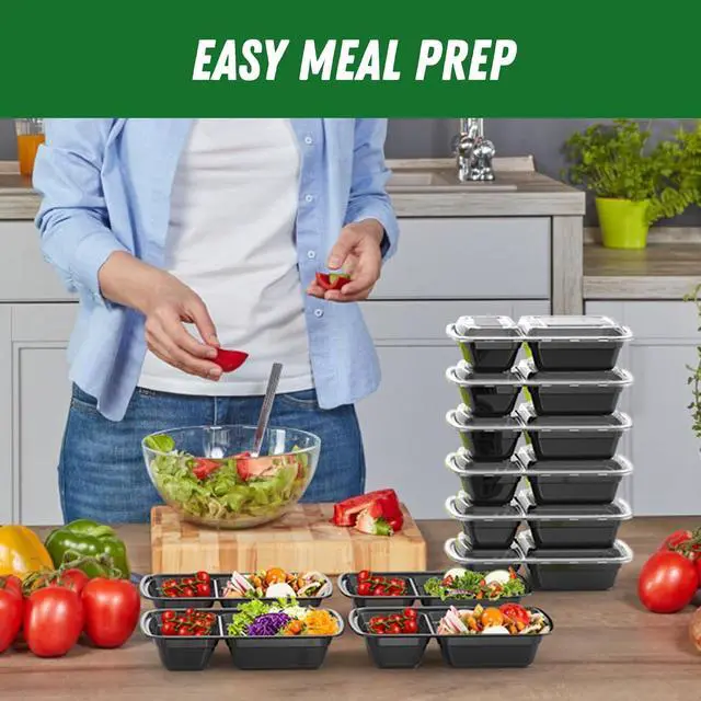 Alt view image 6 of 7 - 50 Pack (100-Piece) 28 oz Meal Prep Containers Reusable with Lids 2-Compartment, Sturdy Leakproof Food Safe, Microwave Freezer Dishwasher Safe, To Go Take Out Plastic Food Storage, Black