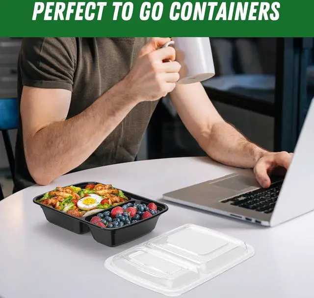 Alt view image 7 of 7 - 50 Pack (100-Piece) 28 oz Meal Prep Containers Reusable with Lids 2-Compartment, Sturdy Leakproof Food Safe, Microwave Freezer Dishwasher Safe, To Go Take Out Plastic Food Storage, Black