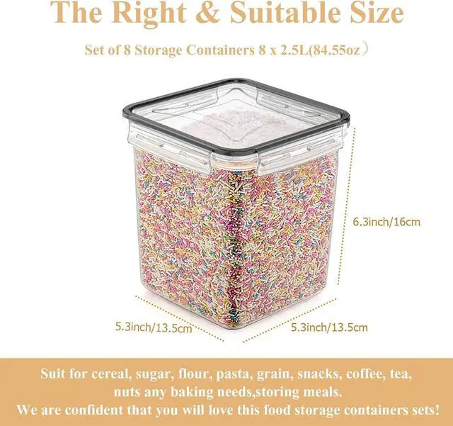 Alt view image 4 of 7 - Cereal Container Food Storage Containers, Airtight Dry Food Storage Containers Set of 8 (2.5L/85oz) for Flour, Sugar, Cereal and Pantry Storage Containers with Black Locking Lids