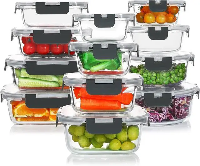 Main image of 24 Pieces Glass Food Storage Containers Set,Glass Meal Prep Containers-Stackable Airtight Glass Storage Containers with lids,Freezer, Microwave, Oven Safe,Gray
