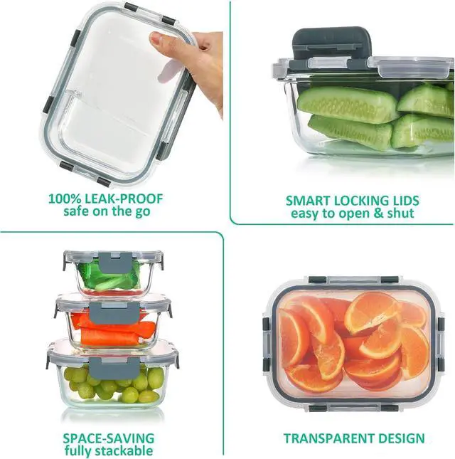Alt view image 4 of 6 - 24 Pieces Glass Food Storage Containers Set,Glass Meal Prep Containers-Stackable Airtight Glass Storage Containers with lids,Freezer, Microwave, Oven Safe,Gray