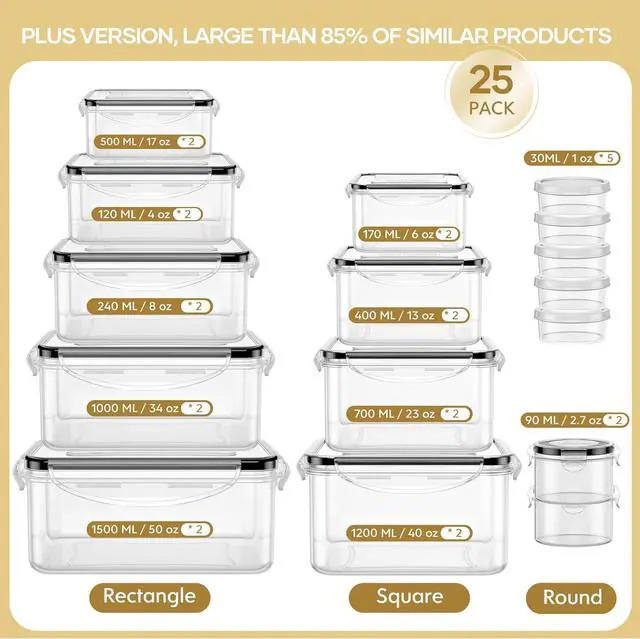 Alt view image 2 of 7 - 50-Piece Food Storage Containers with Lids (25 Containers & 25 Lids), Airtight Reusable Meal Prep Containers for Lunch, Plastic Kitchen Storage Containers with Labels & Marker Pen