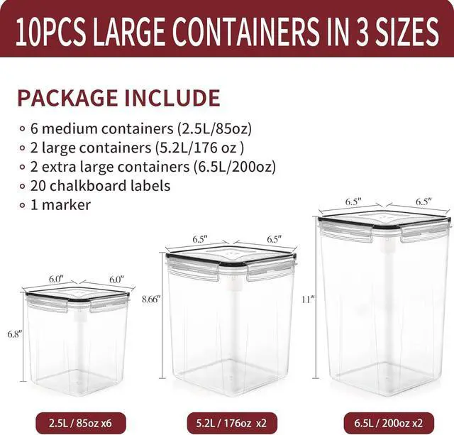 Alt view image 2 of 7 - PRAKI Large Airtight Food Storage Containers with Lids, 10PCS Plastic Cereal Storage Containers, Kitchen & Pantry Organizers and Storage for Sugar, Flour, Baking Supplies with Lables & Mark