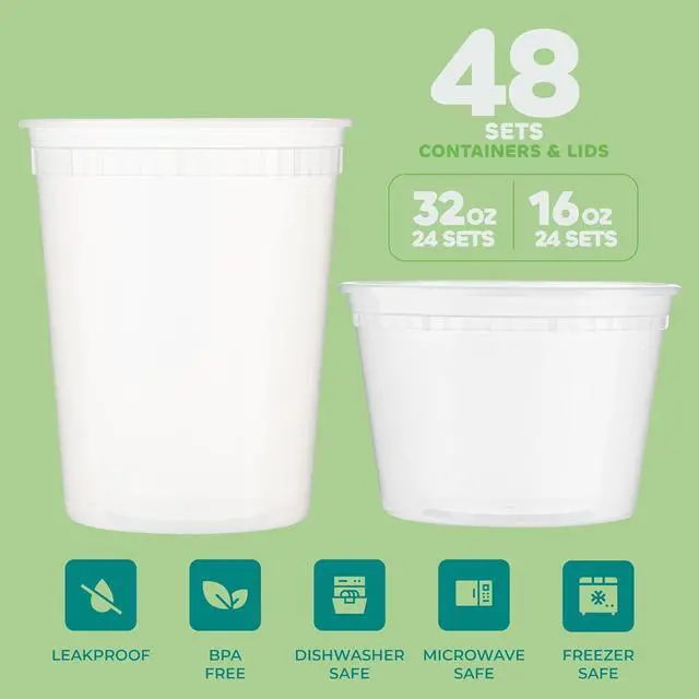 Alt view image 2 of 7 - JoyServe Deli Food Storage Containers with Lids - (48 Sets) 24-32 Oz Quart Size & 24-16 Oz Pint Size Plastic Airtight Takeout Meal Prep Storage, BPA-Free, Dishwasher, Microwave Safe