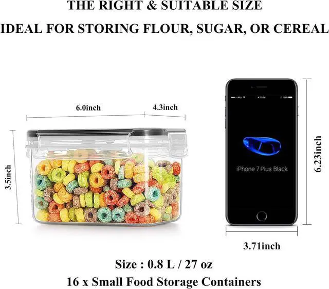 Alt view image 3 of 7 - Wildone Cereal & Dry Food Storage Container Set of 16 [0.8L /3.38 Cups] for Sugar, Flour and Baking Supplies, Airtight Leak-proof & BPA Free, with 20 Labels & 1 Marker
