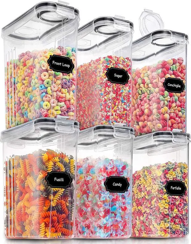Main image of PRAKI Large Dry Food Storage Containers with Lids, 6PCS Airtight Cereal Containers Storage Set, Leak-proof Canister Set for Kitchen Pantry Organization with 20 Labels & Marker (4L Black)