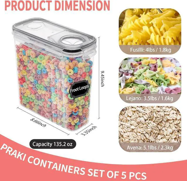 Alt view image 2 of 6 - PRAKI Large Dry Food Storage Containers with Lids, 6PCS Airtight Cereal Containers Storage Set, Leak-proof Canister Set for Kitchen Pantry Organization with 20 Labels & Marker (4L Black)