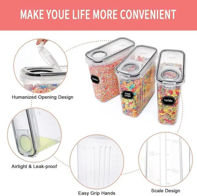 Alt view image 3 of 6 - PRAKI Large Dry Food Storage Containers with Lids, 6PCS Airtight Cereal Containers Storage Set, Leak-proof Canister Set for Kitchen Pantry Organization with 20 Labels & Marker (4L Black)
