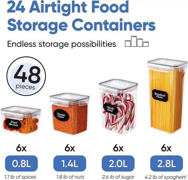 Alt view image 2 of 7 - Airtight Food Storage Container Set - 24 Piece, Kitchen & Pantry Organization, BPA-Free, Plastic Canisters with Durable Lids Ideal for Cereal, Flour & Sugar - Labels, Marker & Spoon Set