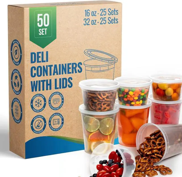 Main image of Deli Containers with Airtight Lids 50 Mix Sets (16oz- 25 Set, 32oz 25 Set) Perfect for Slime, Portion Control, Microwavable, Dishwasher, Freezer Safe, Leakproof, Stackable